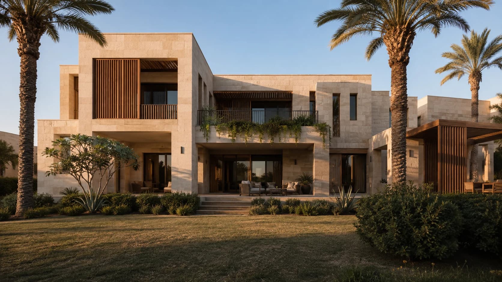 تصور معماري لفيلا عصرية وسط النخيل في القاهرة الجديدة
